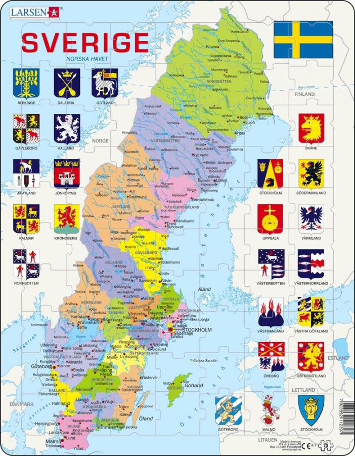 Larsen: Rampussel - Sverigekarta med Länsvapen (70) - Pusselbutiken.se